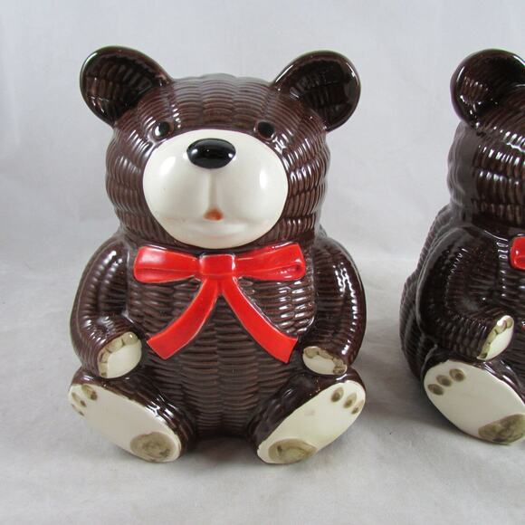 OMC Japan Ceramic Bear Bookends Textured Ribbed Red Bow Accents 6" Vintage 1970s - Picture 3 of 7